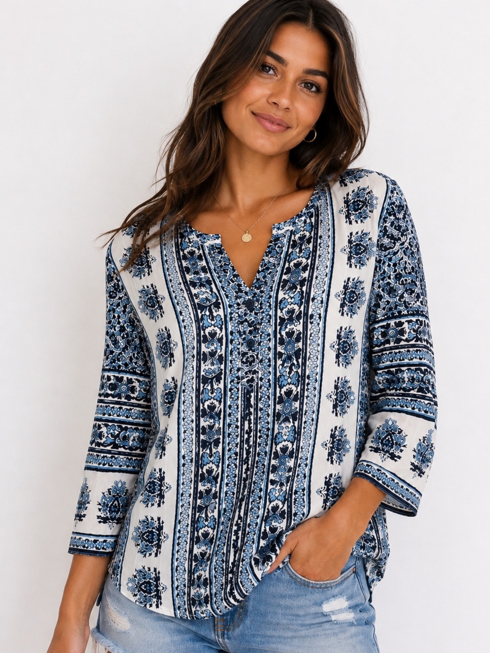 Saint Tropez West tunic top shirt blue white boho paisley floral 3/4 sleeve M